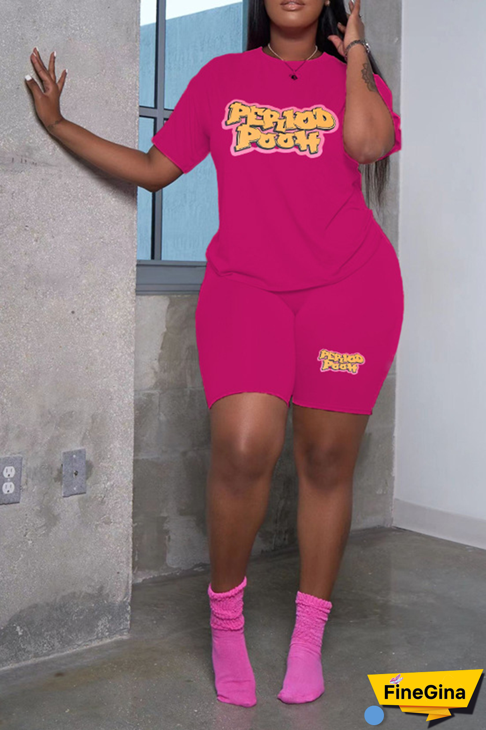 Purple Casual Street Print Patchwork Letter O Neck Plus Size Two Pieces