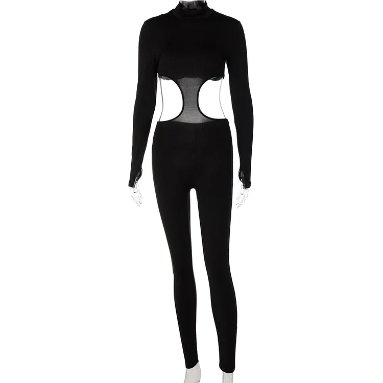 Hugcitar Solid Long Sleeve Turtleneck Hollow Out Jumpsuit 2021 Summer Fall Bodycon Party Club Elegant Streetwear Outfit Y2K