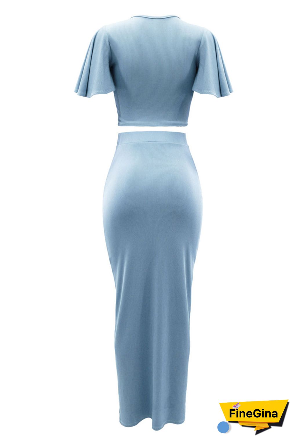 Blue Elegant Solid Patchwork Fold V Neck Short Sleeve Two Pieces