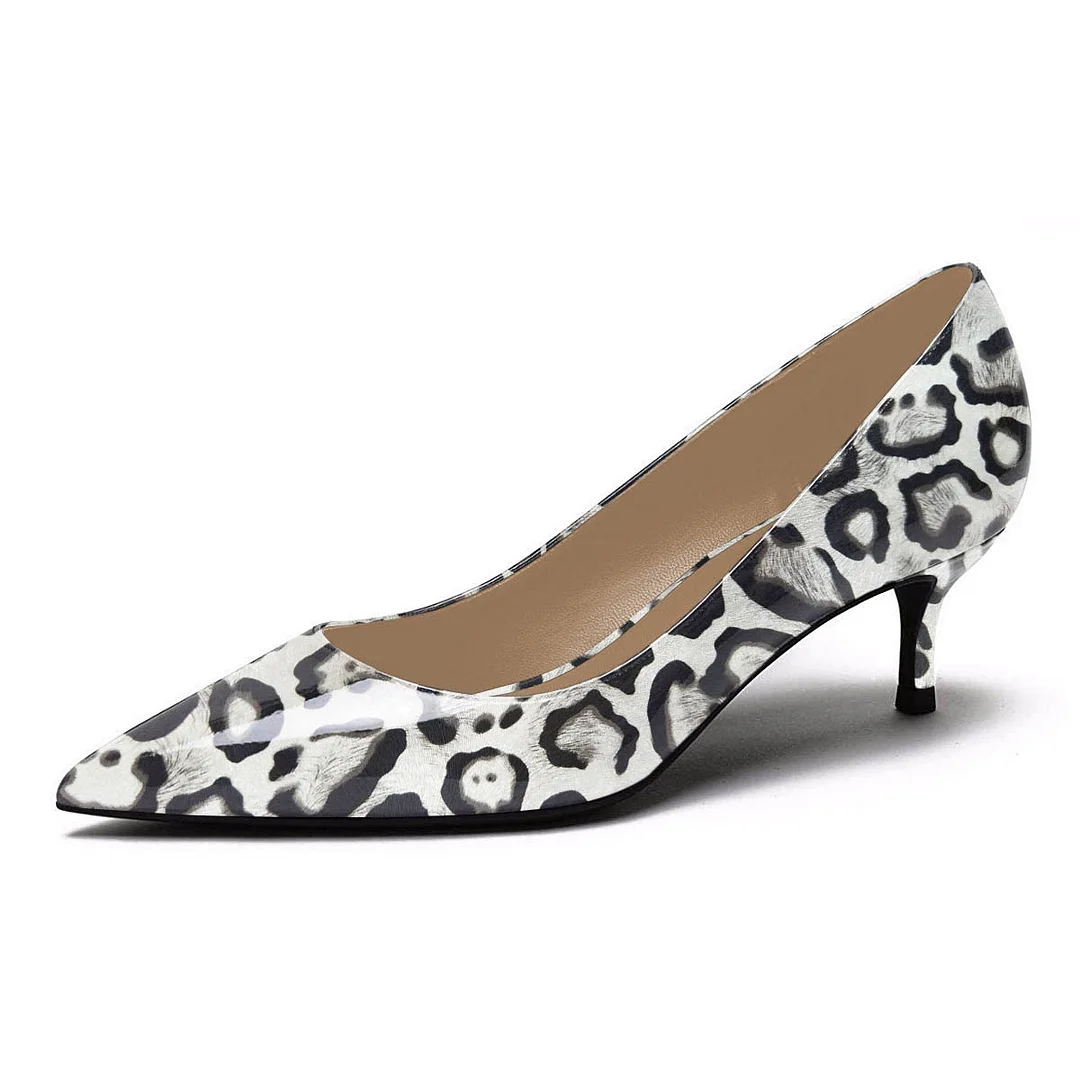 YDN Grey Patent Leather Leopard Low Heel Pumps for Women
