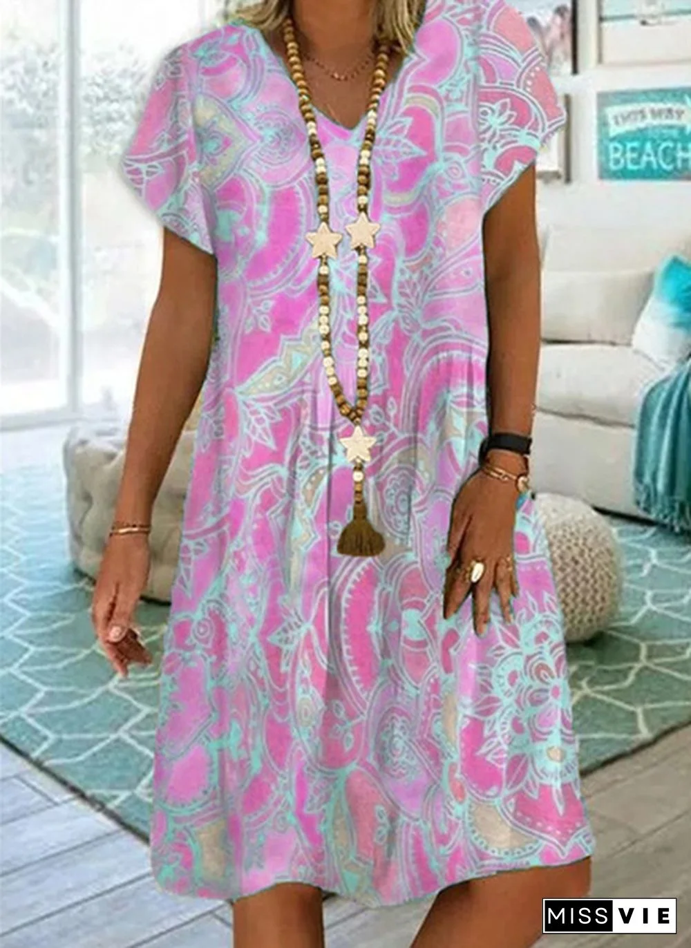 summer new fashion women's vintage printed v-neck short sleeve casual dress loose summer soft and thin plus size dress XS-5XL