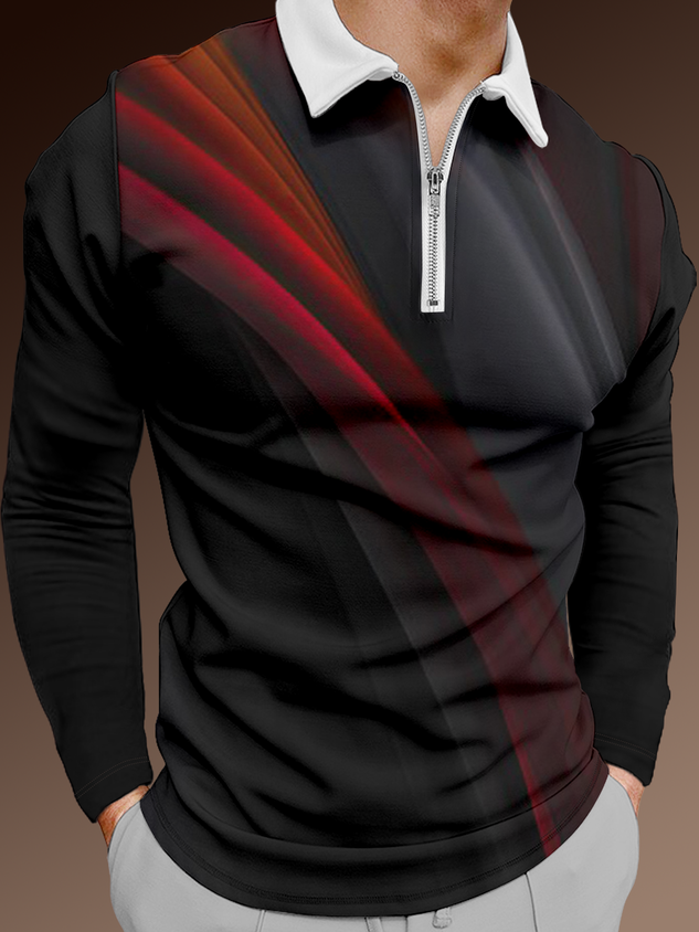 Casual Art Collection Abstract 3D Gradient Lines Geometric Pattern Lapel Long Sleeve Polo Print Top