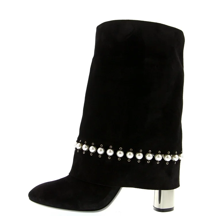Black Fold Over Chunky Heel Pearl Ankle Boots Vdcoo