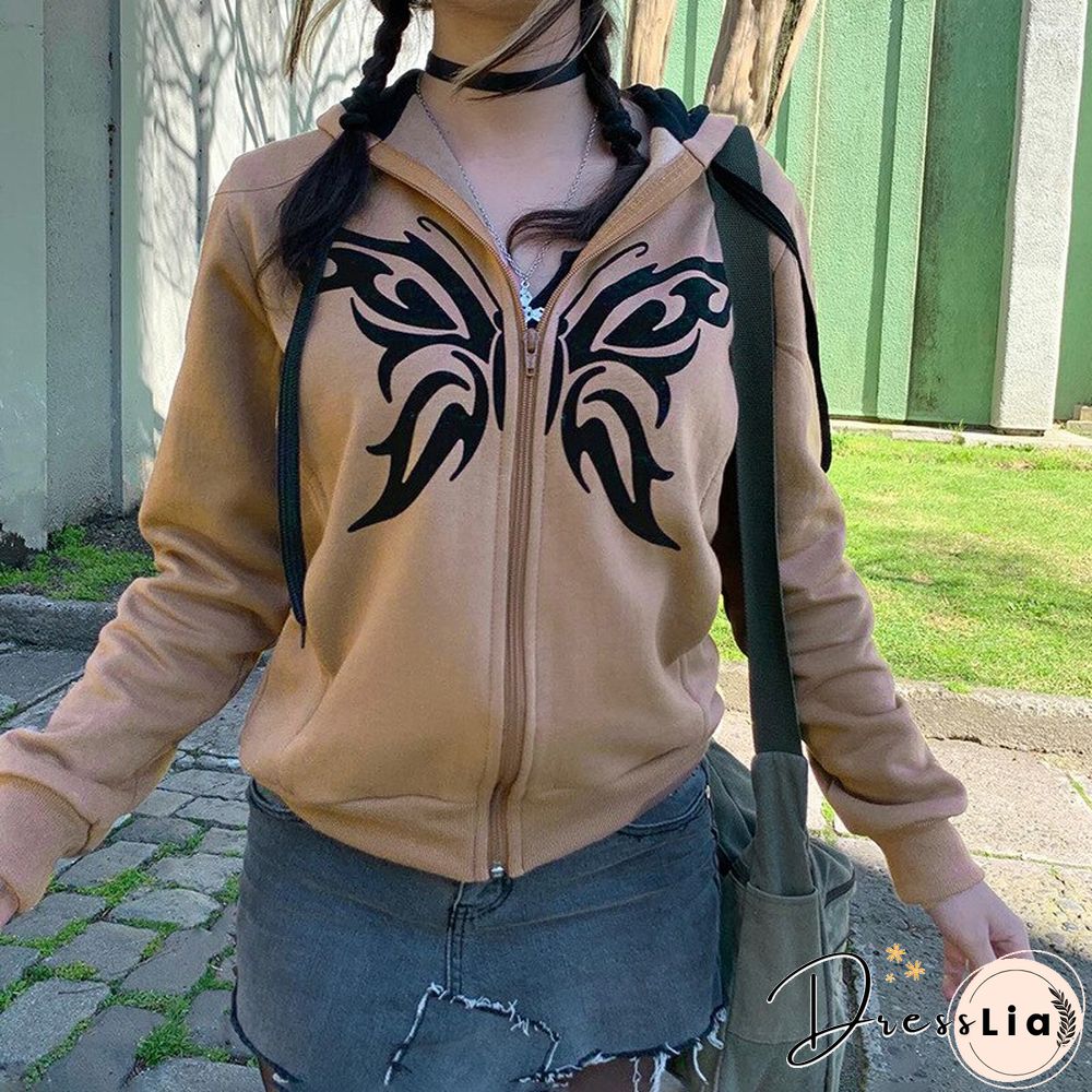 Women Butterfly Sweatshirt Y2k Aesthetic Fairycore Grunge Zip Up Long Sleeve Tops E Girl Hoodie Casual Streetwear