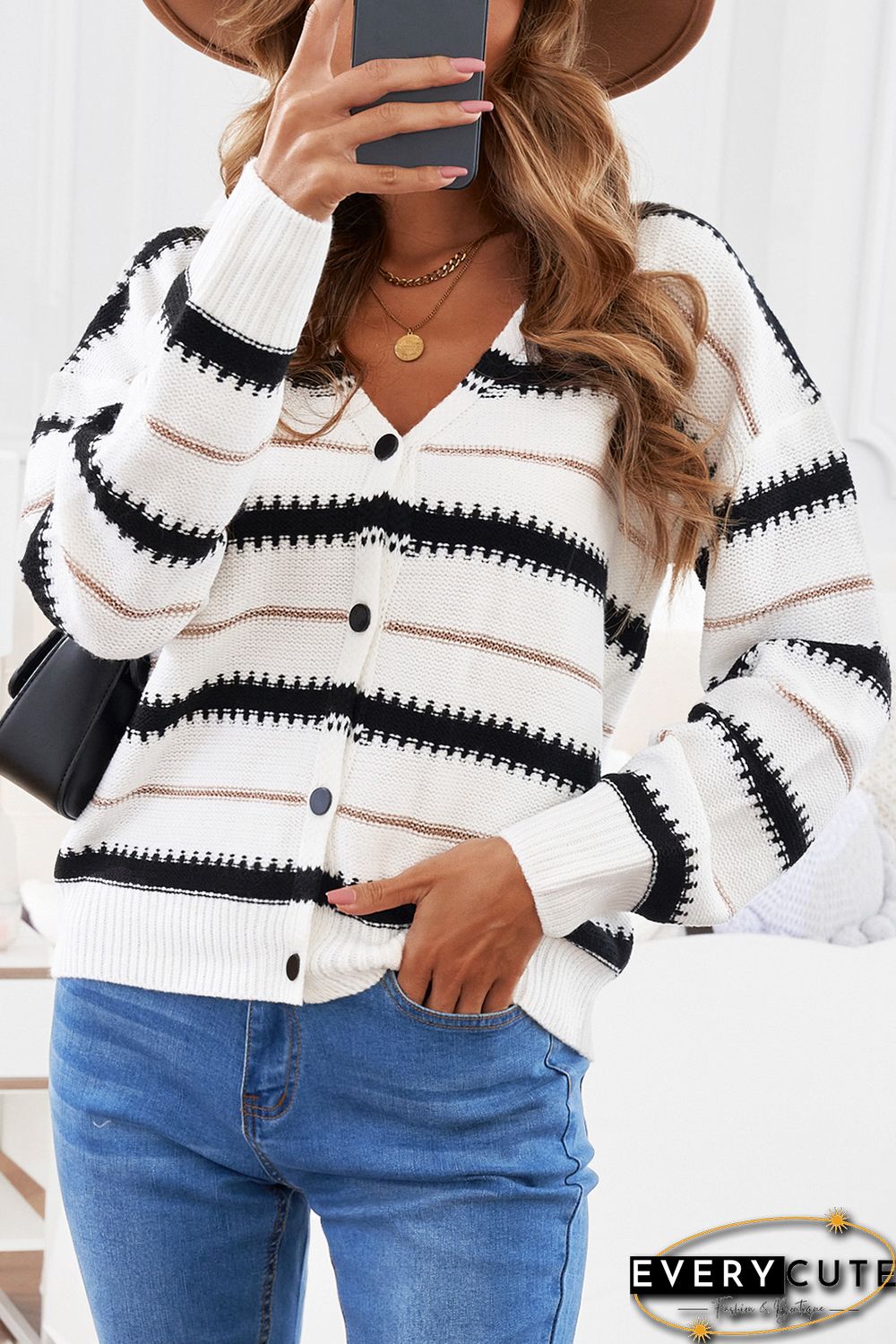 White V Neck Stripes Colorblock Button Cardigan