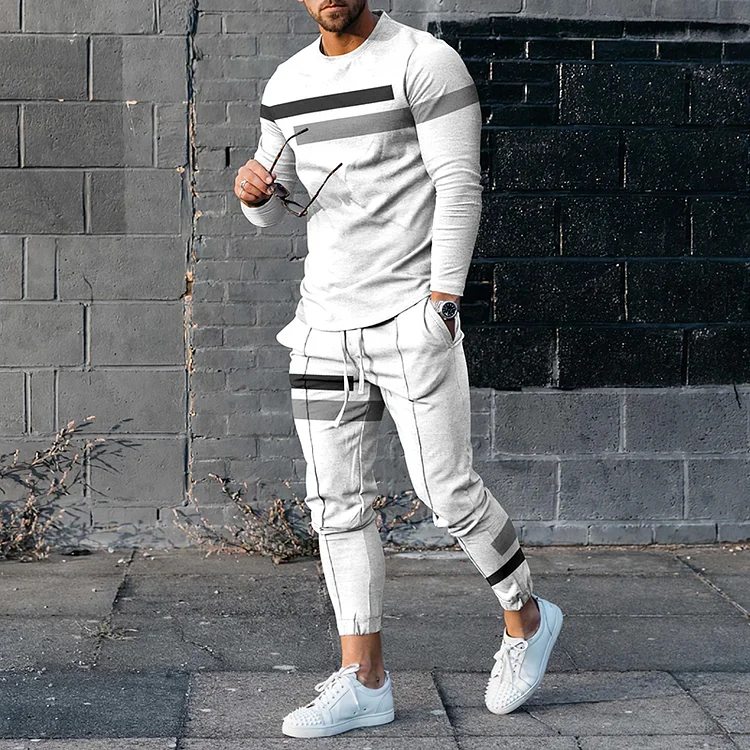 BrosWear Street Men's Black And Gray Striped Print White Long T-shirt And Pants Co-Ord Sets