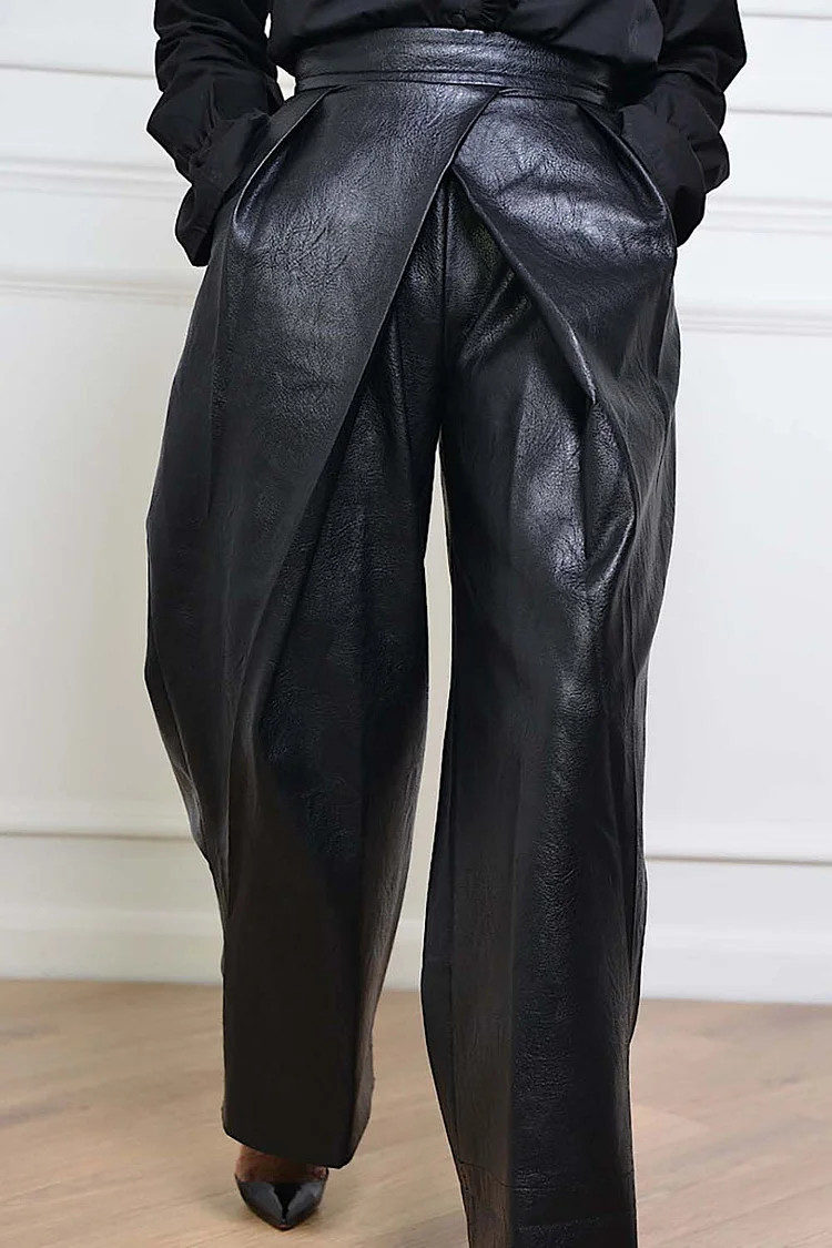 Plus Size Daily Pants Casual Black Fall Winter PU Leather Pants With Pocket [Pre-Order]