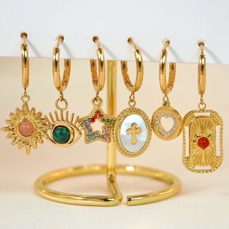 1 Pair Minimalist Cross Devil’s Eye Moon 304 Stainless Steel Drop Earrings