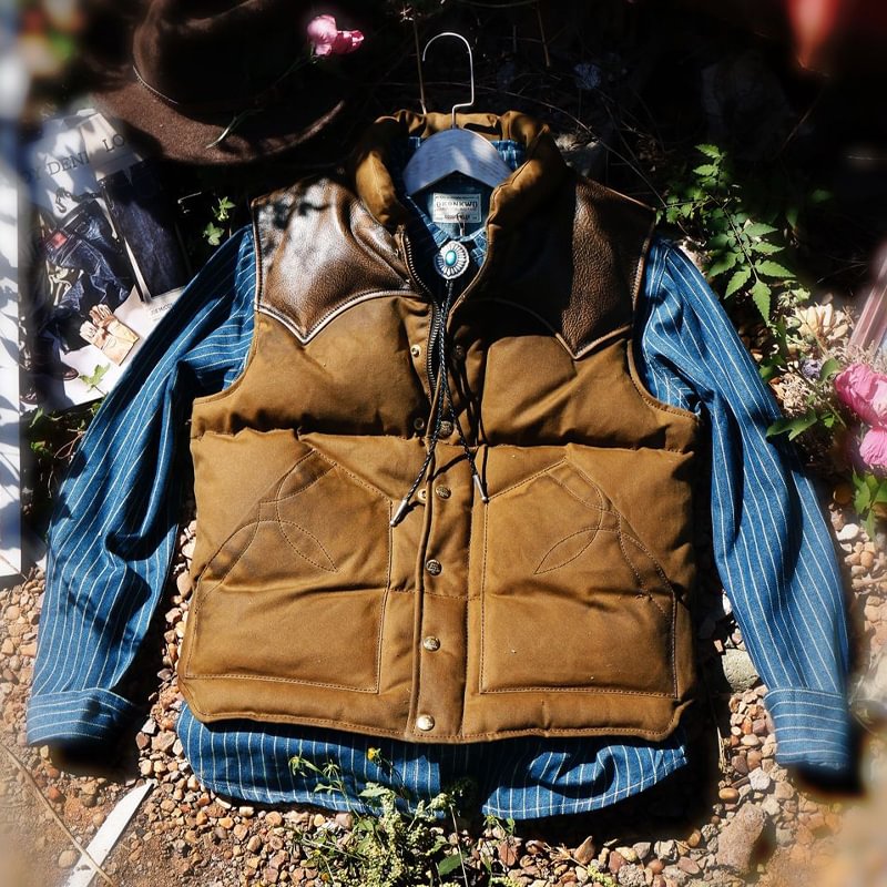 Vintage Versatile Leather Stitching Down Vest（380G cashmere filling capacity）