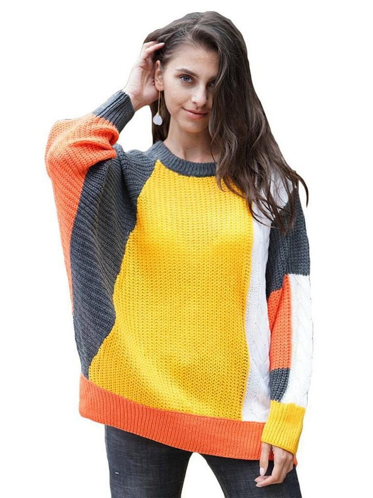 Mayoulove Loose Jumper O Neck Striped Knitted Pullover-Mayoulove