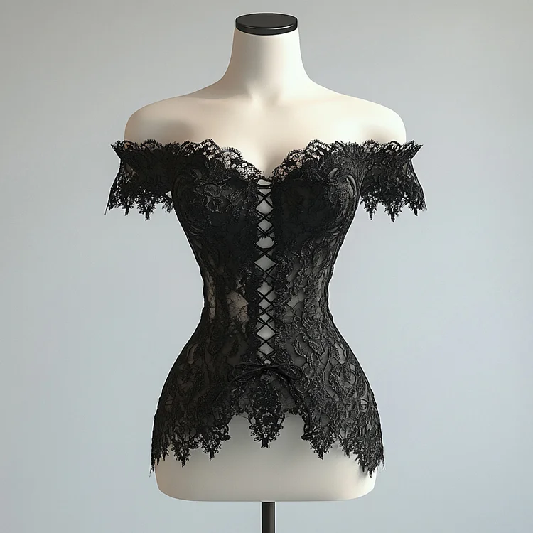 Ursime Lace Off Shoulder Hollow Out Irregular Hem Blouse