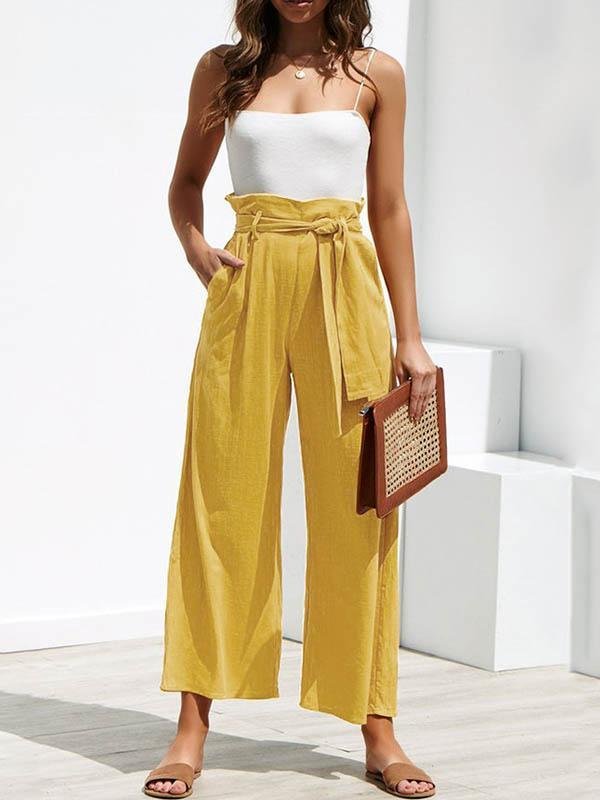 Women's Solid Color Loose High Waist Tie Wide Leg Pants-Mayoulove