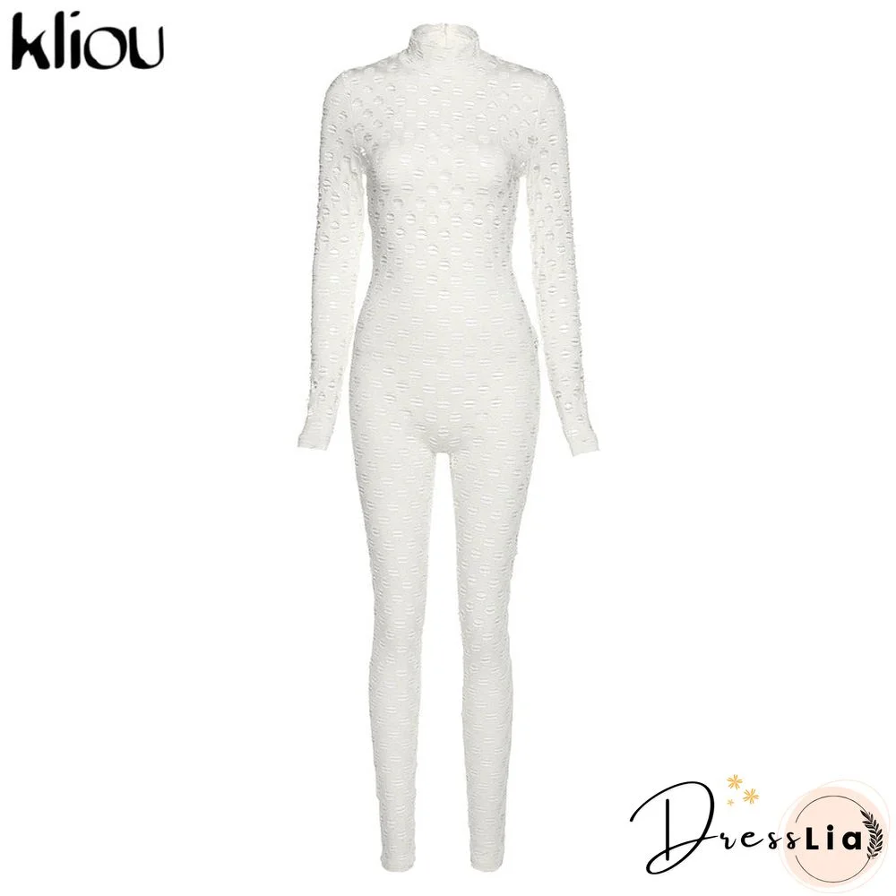 Kliou See Through Hollow Out Sexy Zipper Jumpsuit Women Turtleneck Net Plaid Hole Skinny Elastic Club Streetwear Rompers
