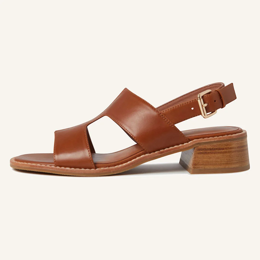 YDN Simple Brown Open Toe Slingback Stacked Heeled Sandals