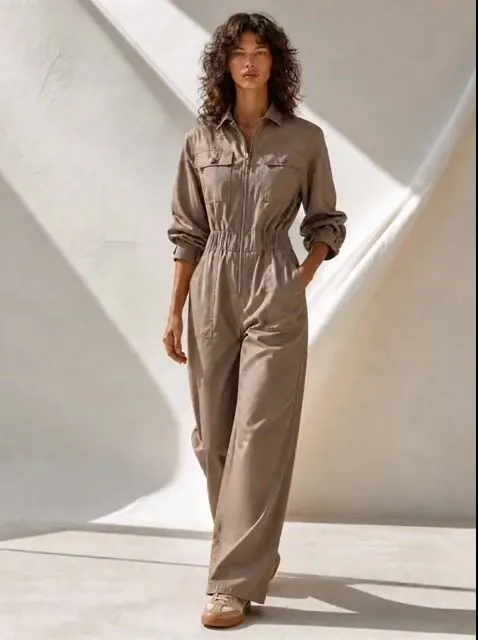 Women's Utility Zip-Front Collared Elastic-Waist Long-Sleeve Wide-Leg Jumpsuit MD