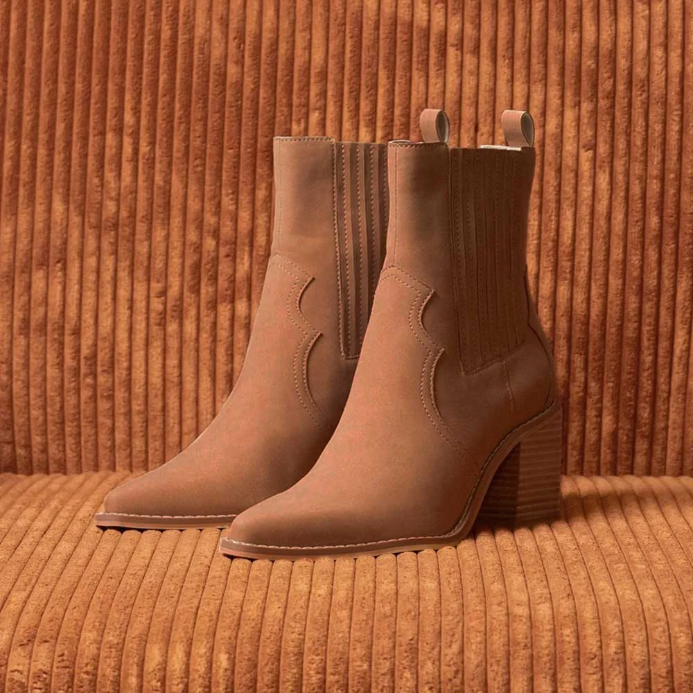 Brown Pointed Toe Chunky Heel Embroidered Chelsea Boots Women