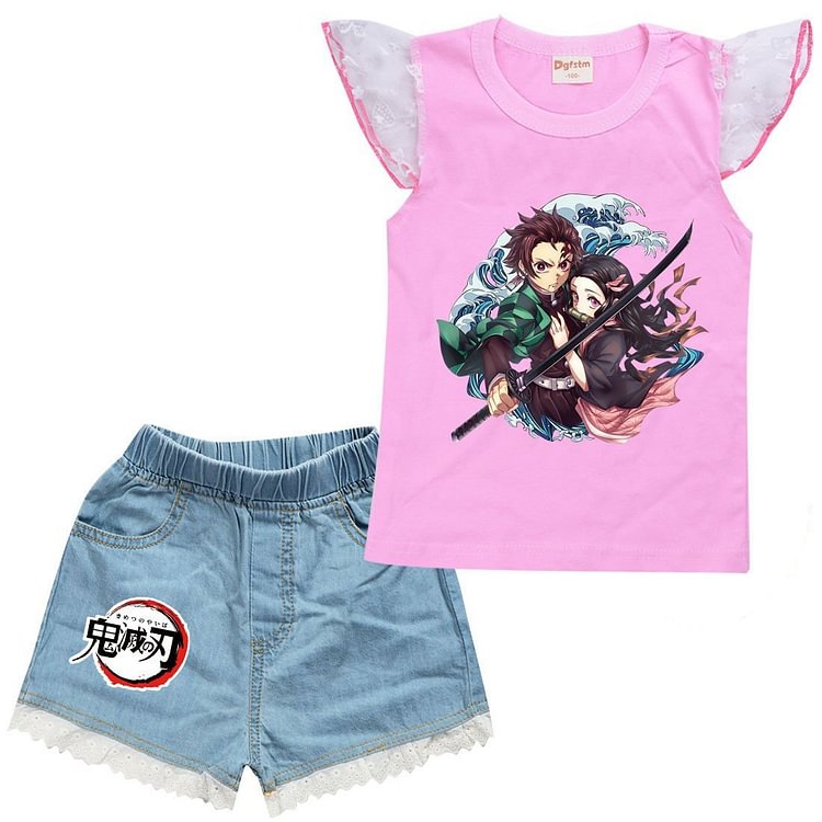 Demon Slayer Print Girls Ruffle Shoulder Tank Top Denim Shorts Sets-Mayoulove