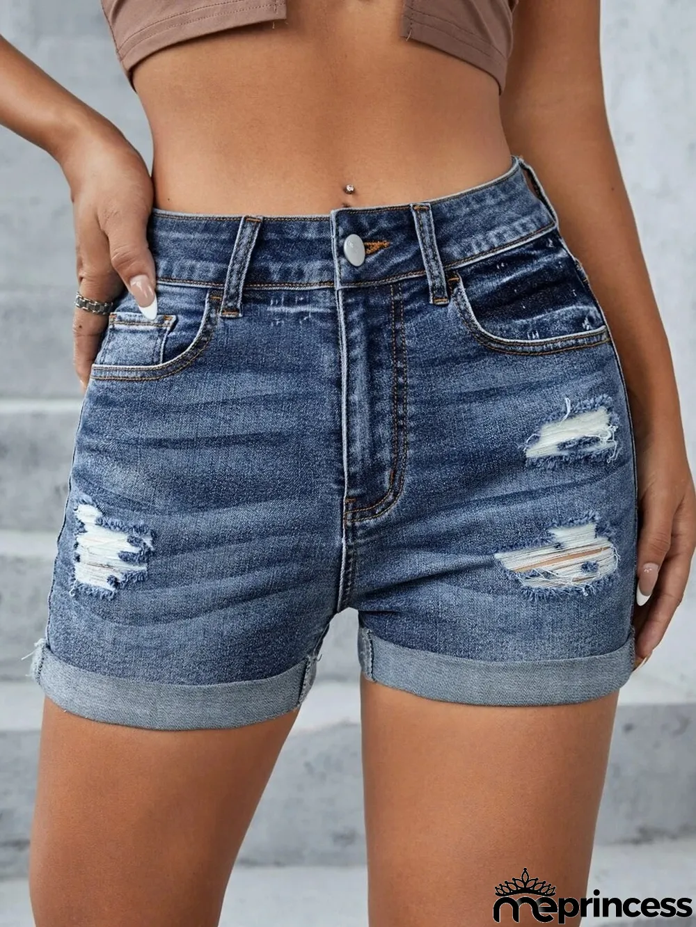 Ladies Stretch Denim Pants Ripped Cuffed Shorts High Waist Denim Pants