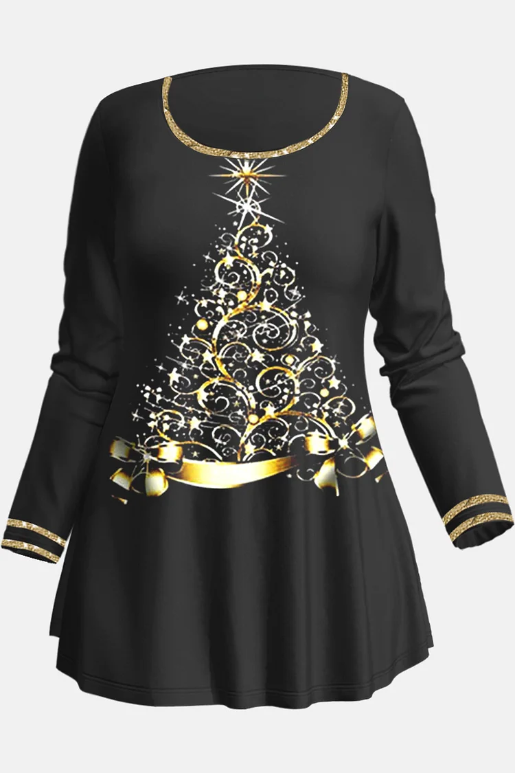 Flycurvy Plus Size Christmas Casual Black Christmas Tree Print Long Sleeve T-Shirt  Flycurvy [product_label]