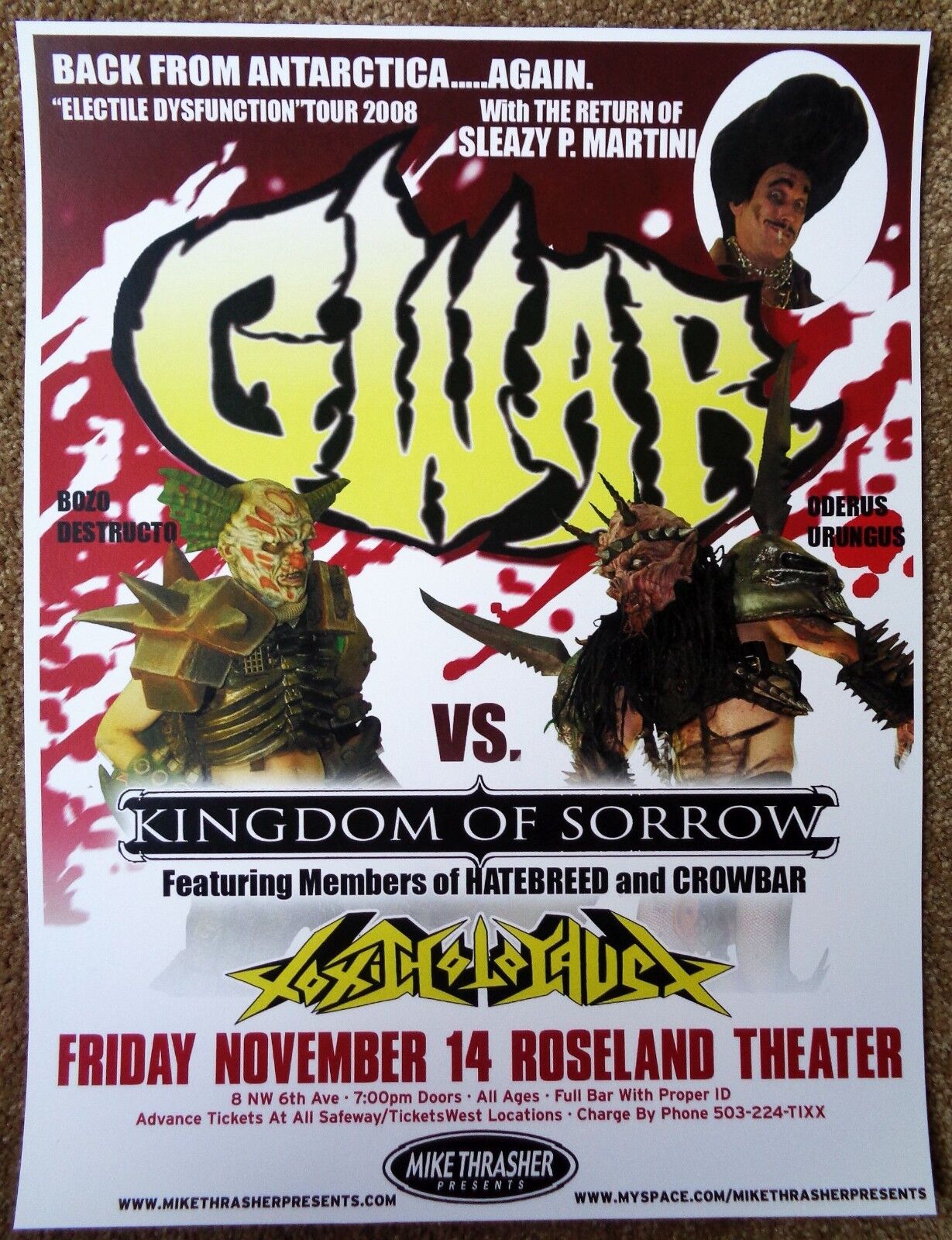 GWAR & KINGDOM OF SORROW 2008 Gig POSTER Portland Oregon Concert