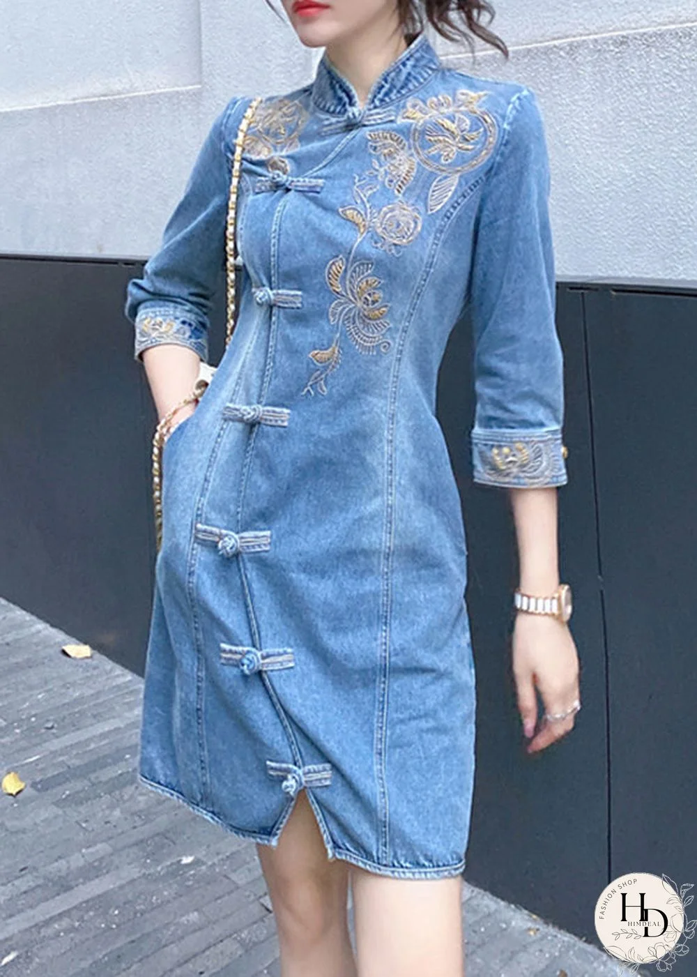 Slim Fit Blue Embroideried Floral Button Denim Mid Dresses Bracelet Sleeve