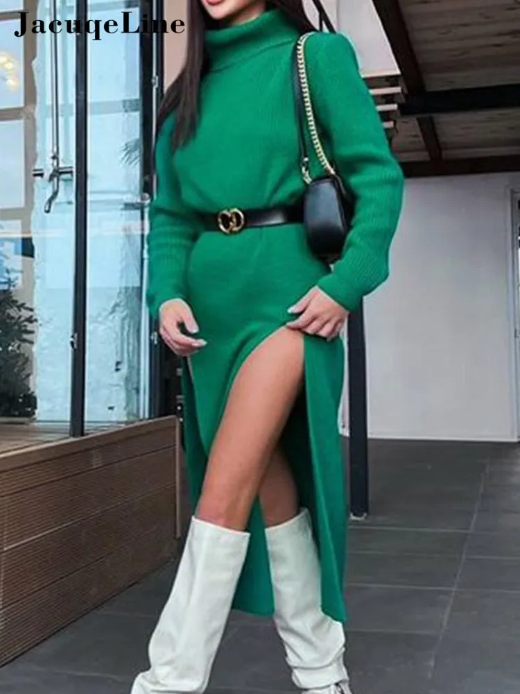 Jacuqeline 2022 Green Knitted Sexy Split Midi Party Dress Women Winter Y2K Turtleneck Long Sleeve Woman Evening Bodycon Dresses