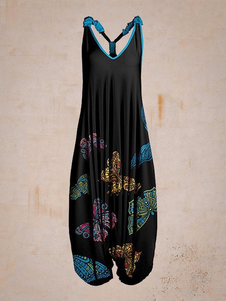 Black & Blue Butterfly Racerback Harem Jumpsuit - Women