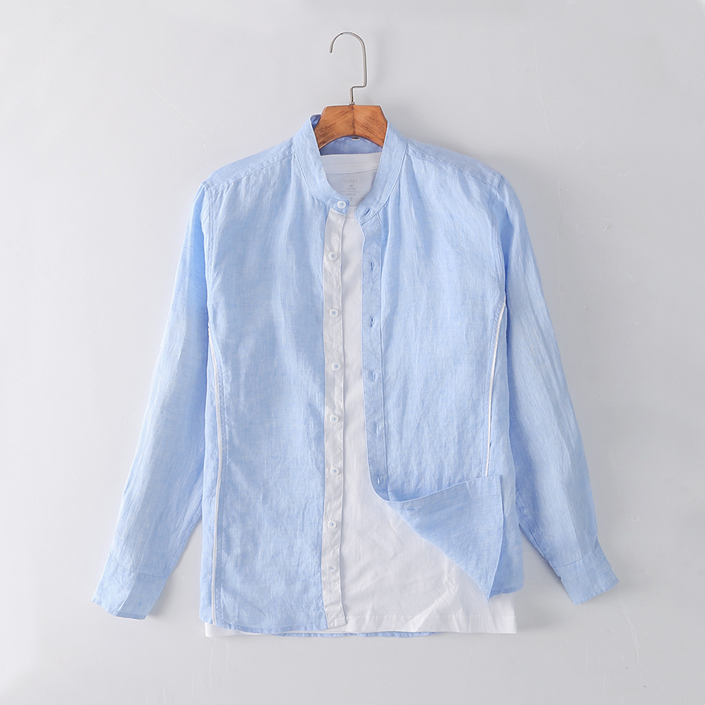 Chemise à col montant pour hommes en lin 100 % européen- SOIE PLUS