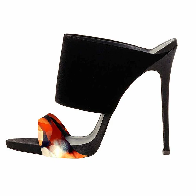 FSJ Black Vegan Suede and Light Spot Mule Heels Open Toe Stiletto Heels |FSJ Shoes