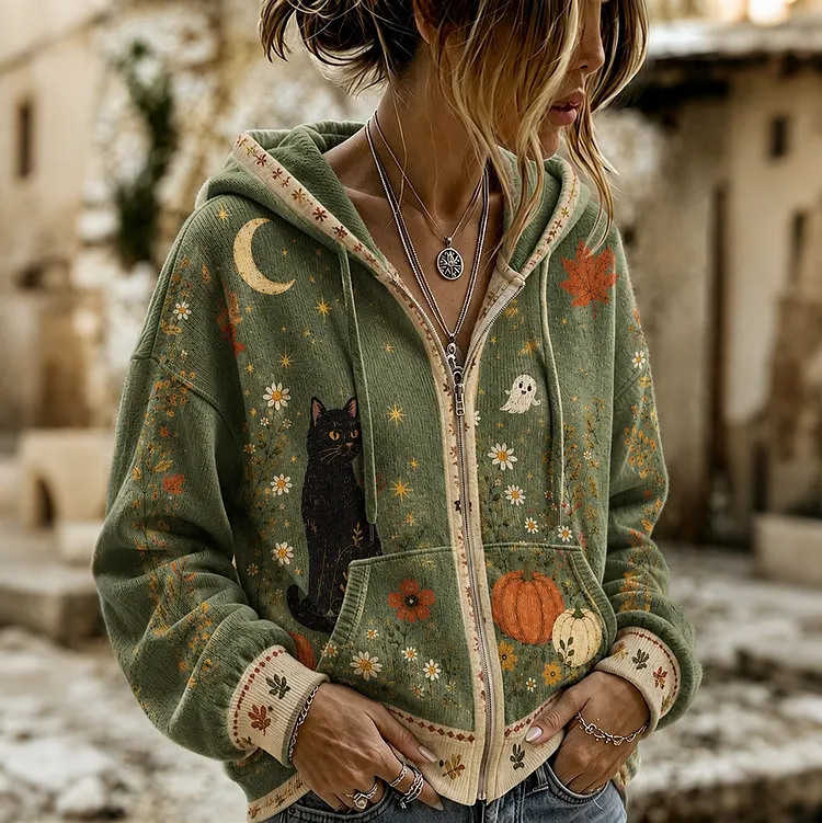 Women's Retro Halloween Floral And Black Cat Color Block Sweatshirt