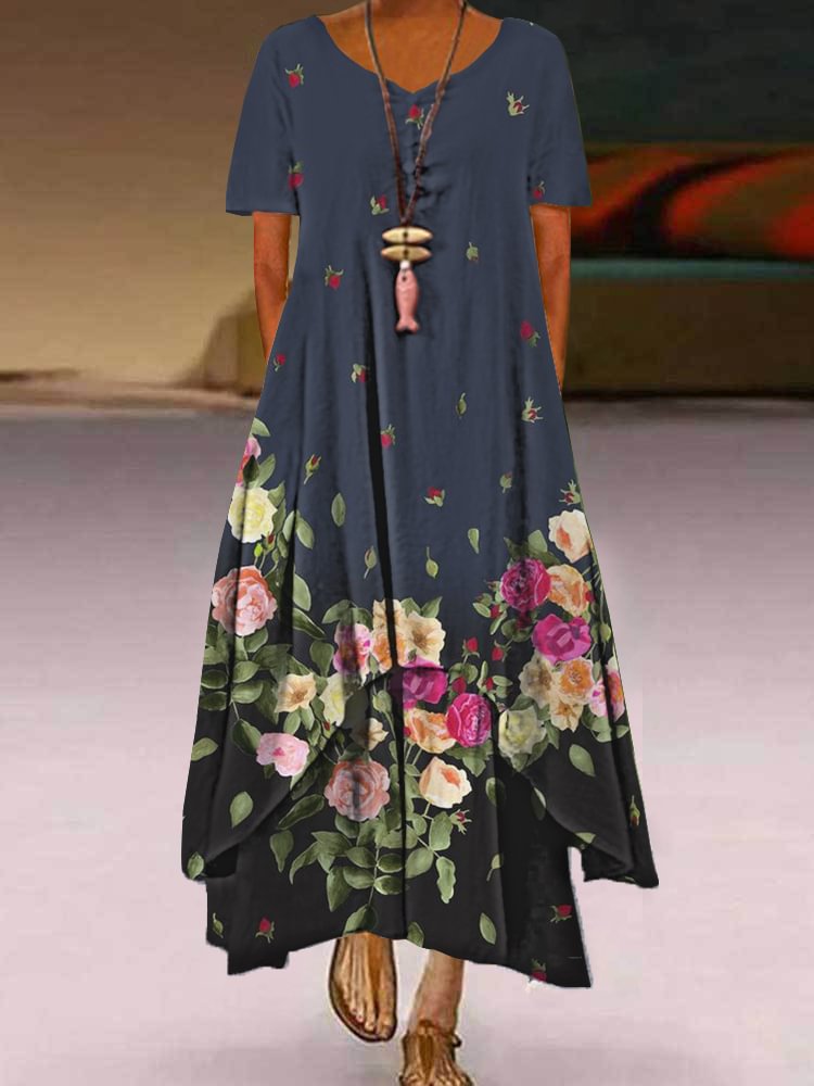 Fashion Round Neck Short Sleeve Print Plus Size Maxi Dress P181145228