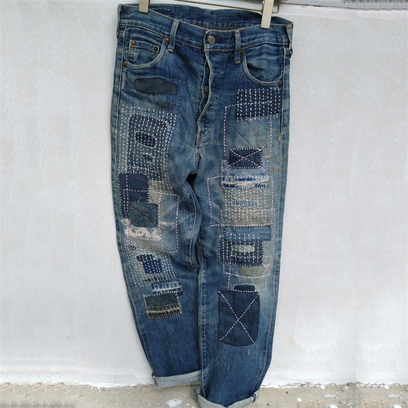 Vintage Japanese Sashiko Embroidered Patchwork Washed Jeans  artssus