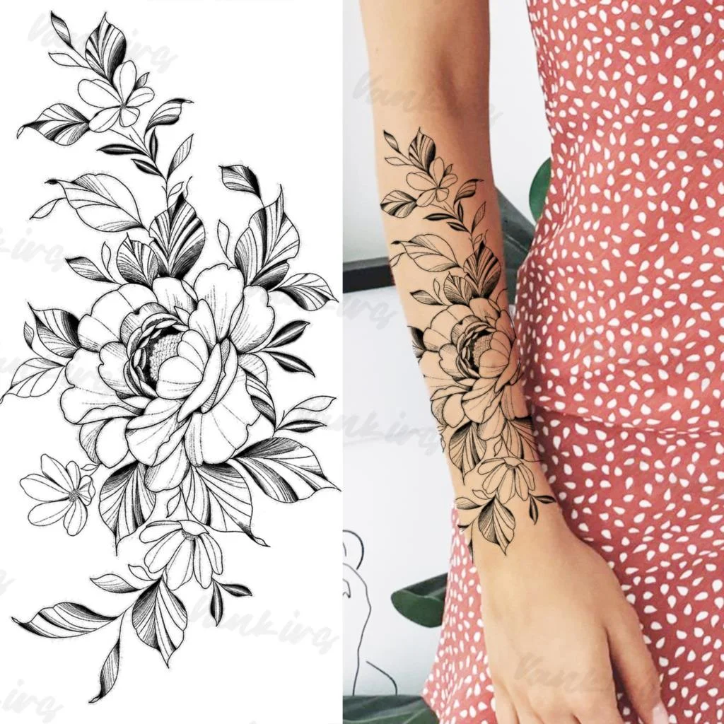 Sdrawing Peony Temporary Tattoos For Adults Women Realistic Butterfly Flower Flora Fake Tattoo Sticker Arm Waist Tatoos