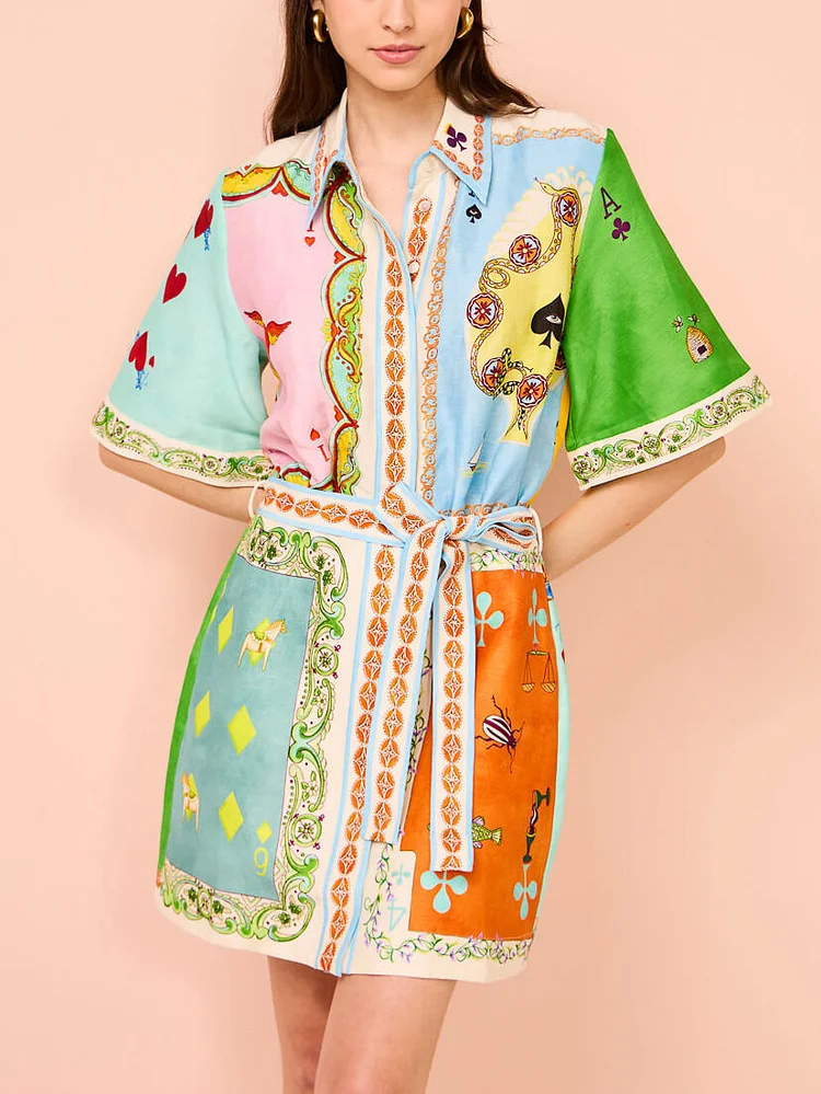 Casual fashionable fun printed shirt cardigan short dress