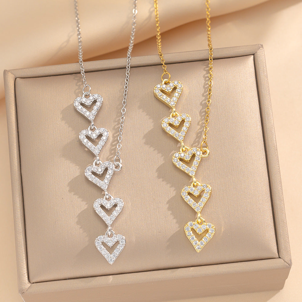 Tassel Heart Full Diamond Titanium Steel Necklace For Women Fresh And Sweet Style Five Heart Clavicle Chain