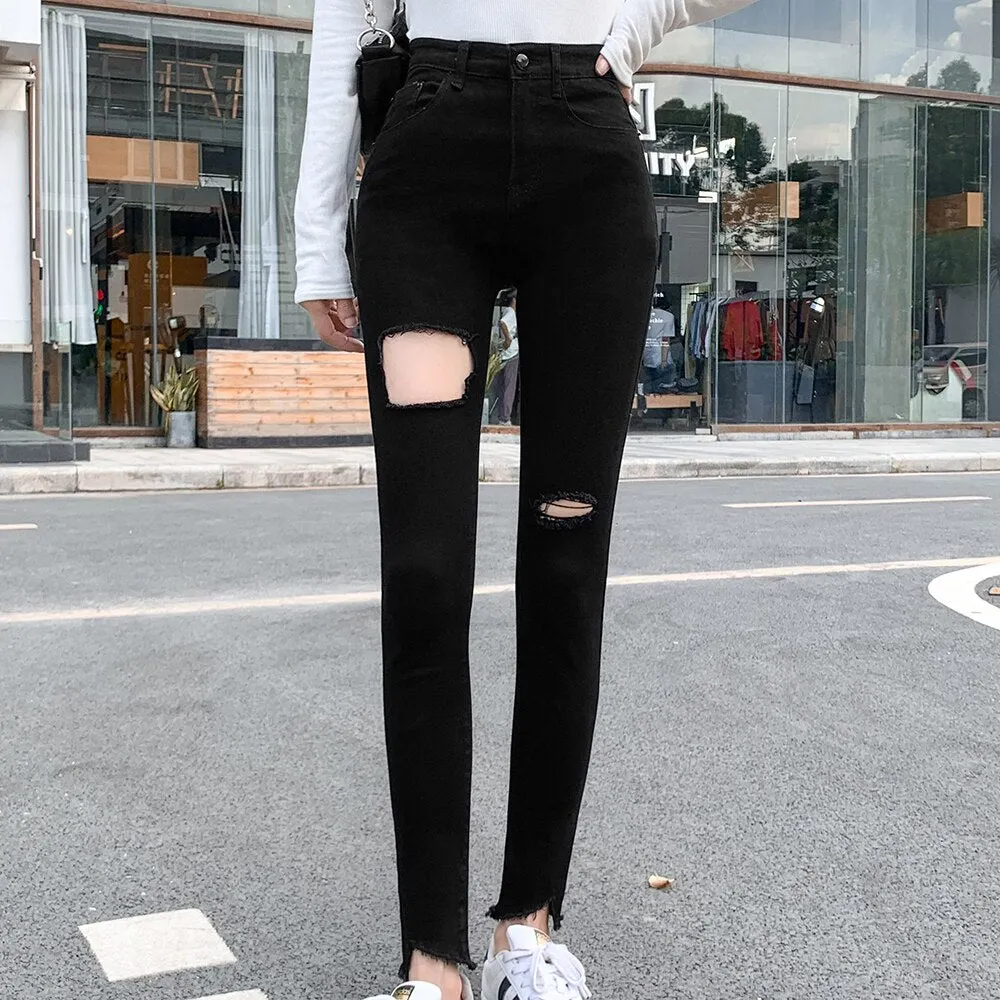 Jeans Pants Women Denim Holes Leggings Black Skinny Jean Trousers Autumn New High Waist Casual Elastic Slim Jeans Pencil Pants