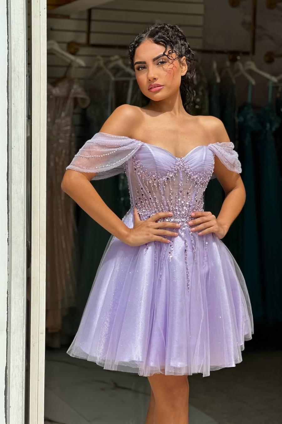 Stunning Lilac Strapless Sequins Short A Line Prom Dress with Beadings | MS0692  