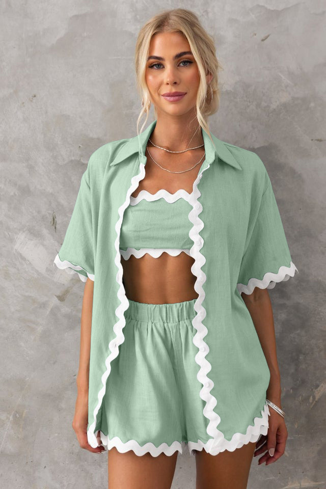 Mature Women Summer V-neck Shirt And Shorts Fashion Wave Print Suits