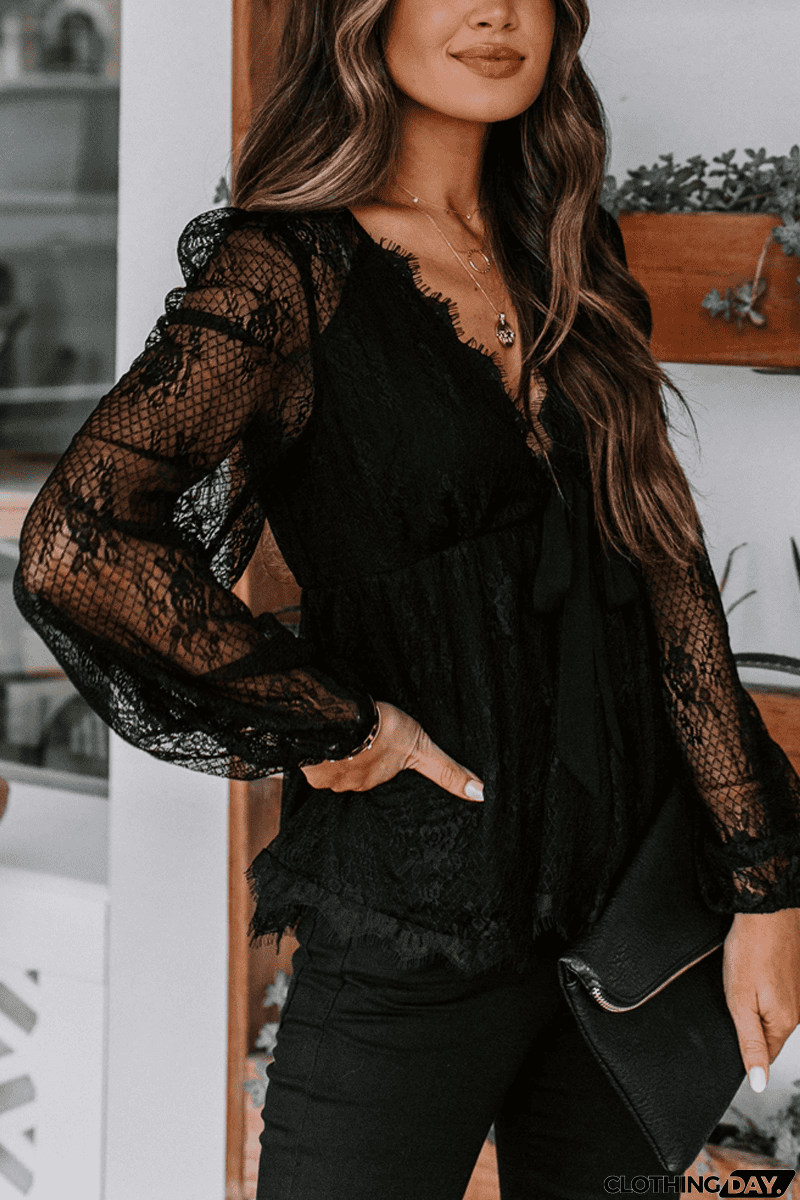 Sheer Lace V Neck Bow Tie Blouse