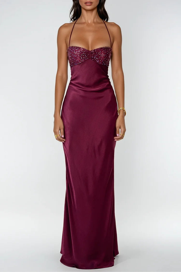 Davlat Halter Neck Sequin Satin Maxi Dress In Purple