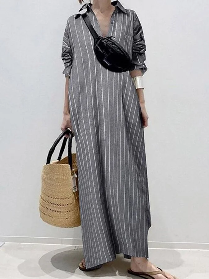 Women's Cotton Linen Striped Cozy Casual Shirt Dress socialshop