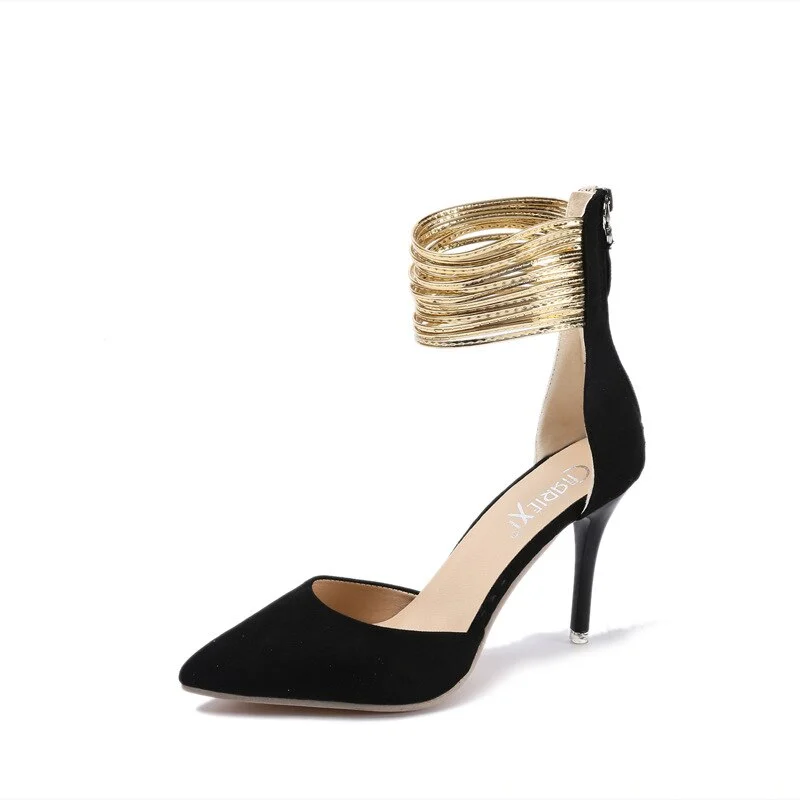 Qengg Stiletto Sandals Fashion Side Empty Gold Ringed Stilettos