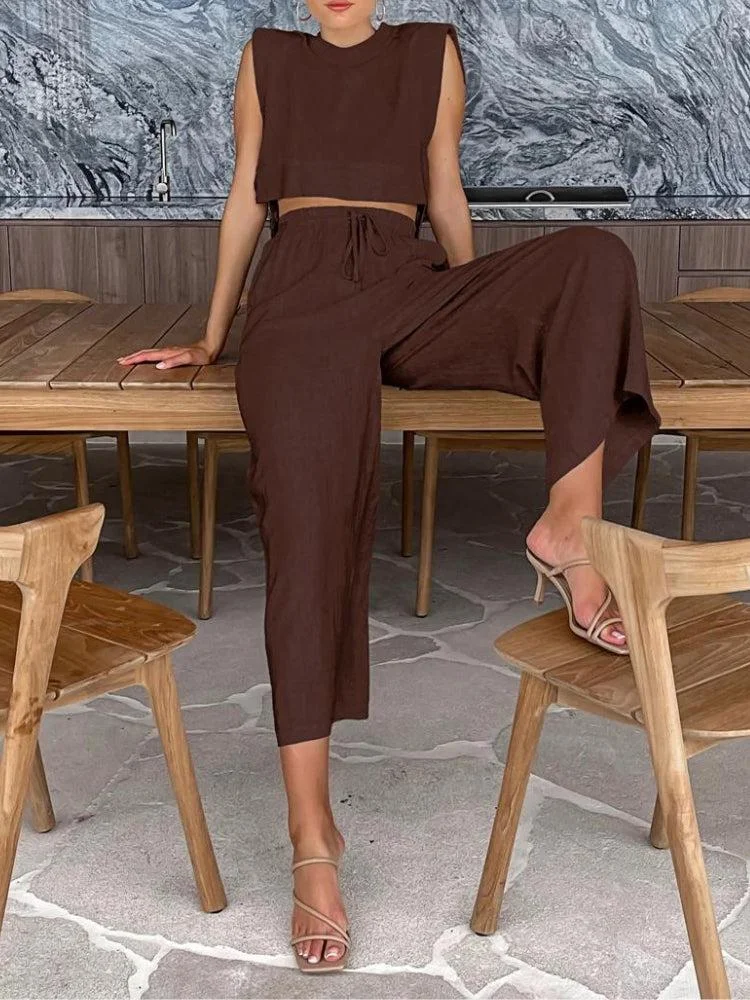 Brownm Lace Up Crop Top & Pants Two Piece Set