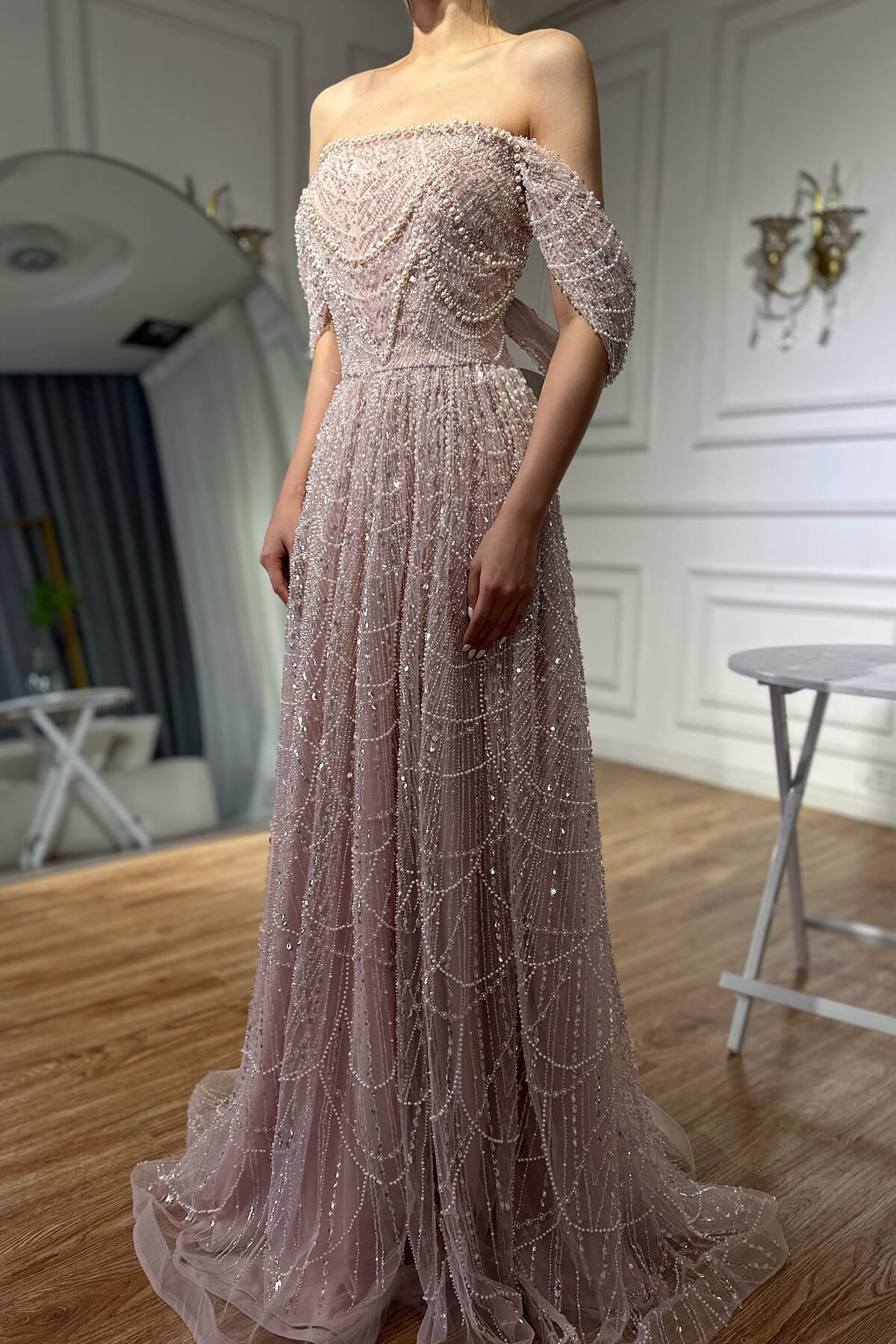 Bellasprom Dusty Pink Strapless Off-the-Shoulder Mermaid Prom Dress With Sequins Pearls Bellasprom