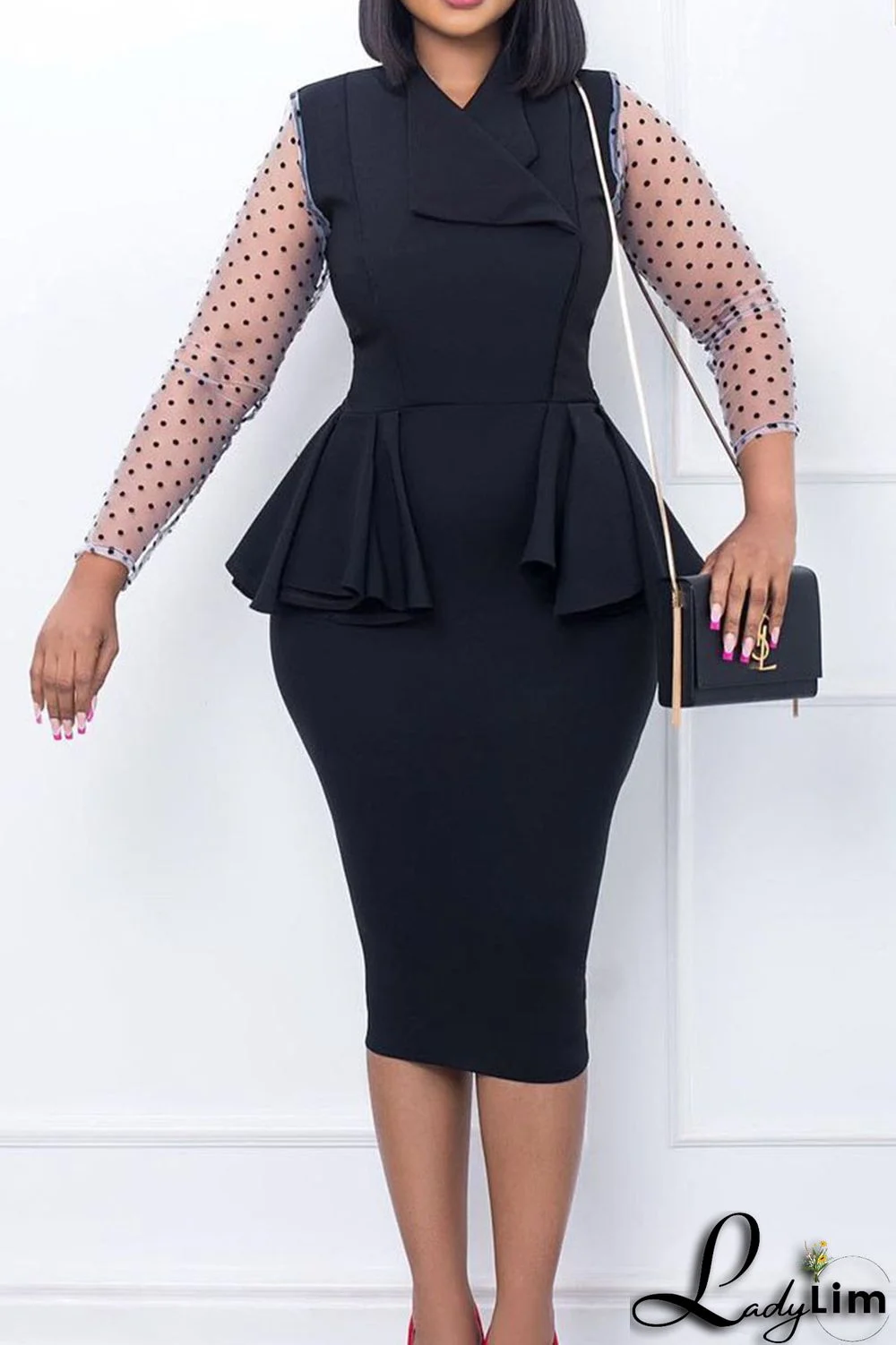 Blue Casual Work Solid Patchwork Buttons Flounce Asymmetrical Collar Dresses