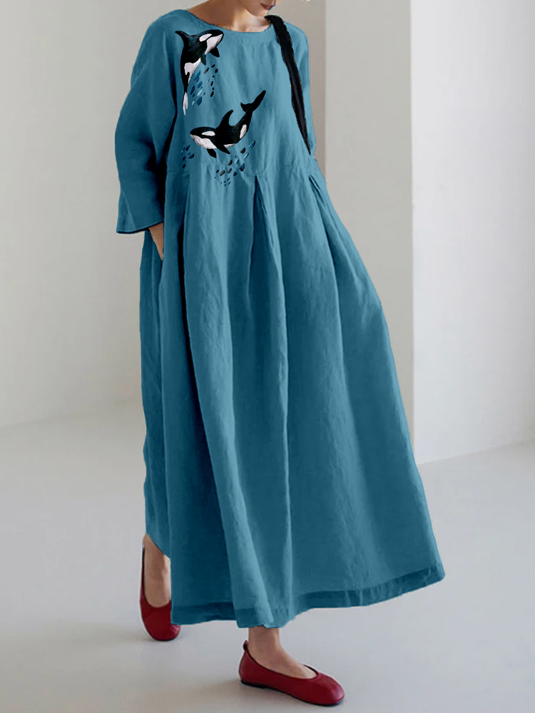 Comstylish Whales Embroidery Art Vintage Linen Blend Maxi Dress