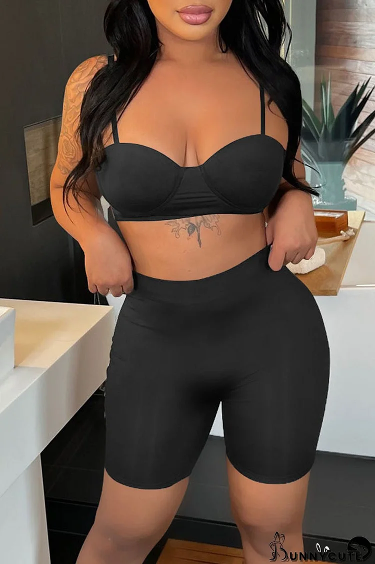 Black Sexy Solid Split Joint Spaghetti Strap Sleeveless Two Pieces