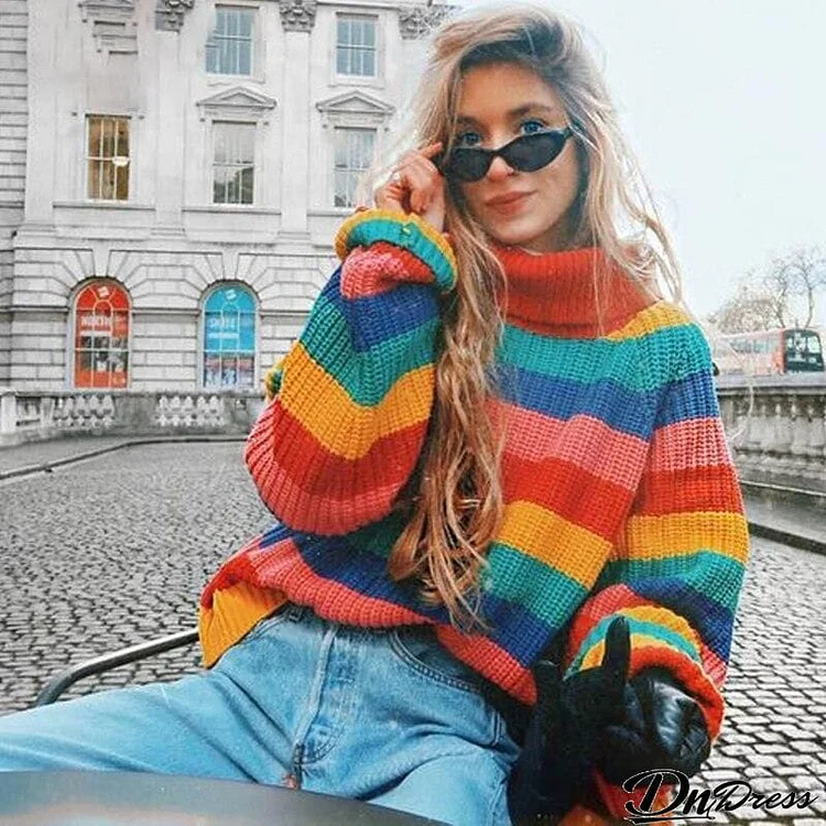 Rainbow Striped Turtleneck Bohemian Sweater