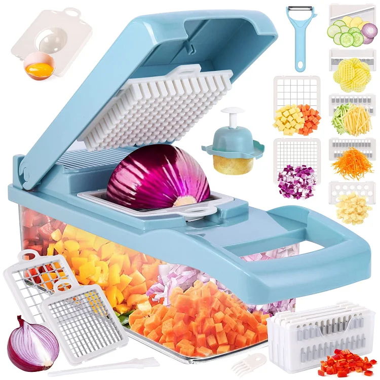 Vegetable Chopper, Pro Onion Chopper, 14 in 1Multifunctional Food Chopper, Vegetable Slicer Dicer Cutter,Veggie Chopper With 8 Blades,Carrot and Garlic Chopper With Container，Colander Basket (Blue)