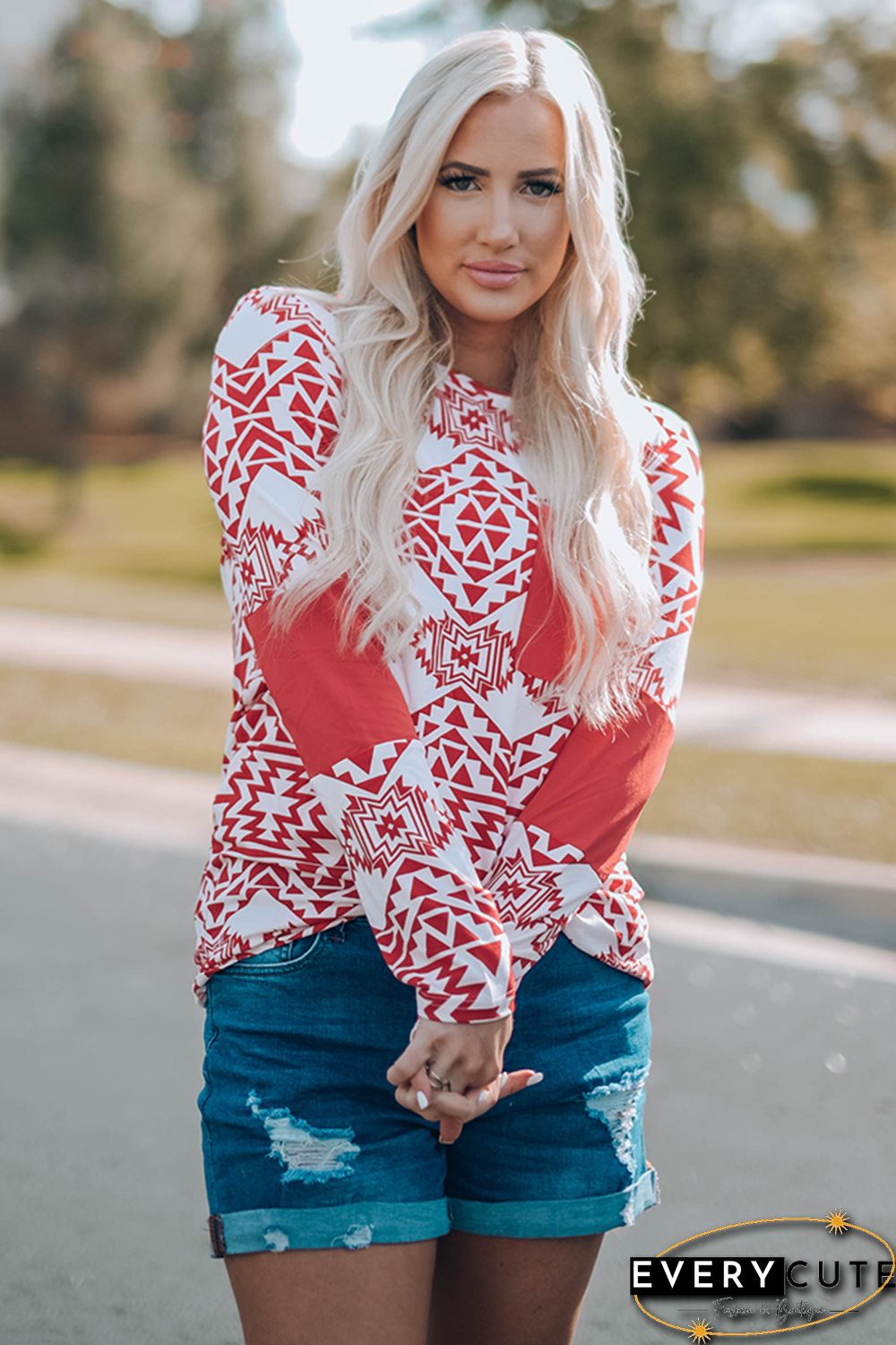 Red Aztec Print Splicing Pocket Long Sleeve Top